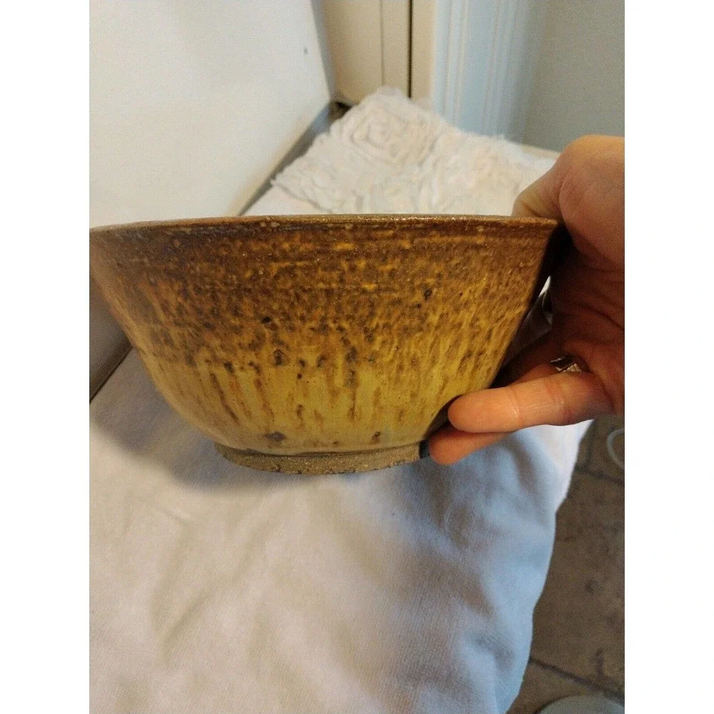 Hand Pottery Bowl Studio Art Brown Drip Glaze Two-Tone Artist‎ Signed GORGEOUS